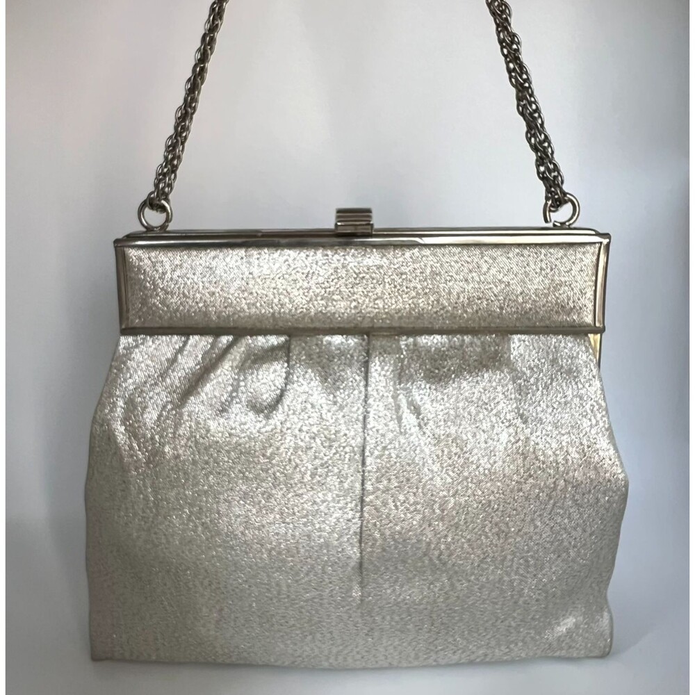VTG Silver Metallic Evening Bag Chain Strap Ruched Glam Hollywood Party Clutch